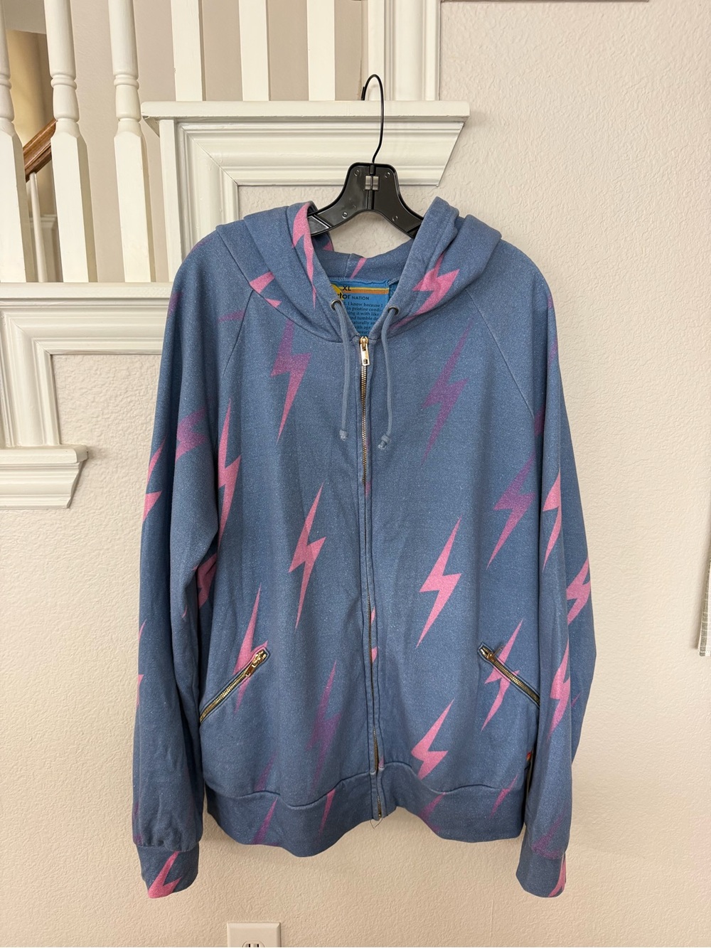Aviator Nation Blue Zip Up Hoodie with Pink and Purple Lightning Bolt Print